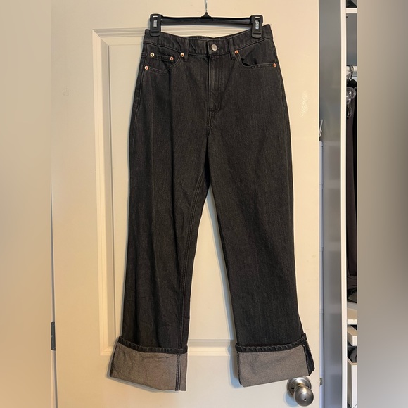 Club Monaco High Waisted Cuffed Jeans Black. Wide Leg Straight Fit Dark Wash - Picture 10 of 10